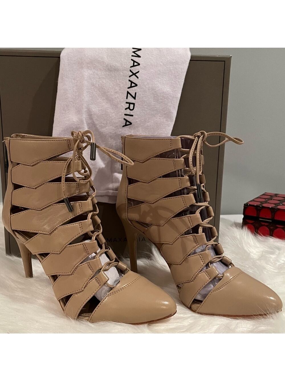 NEW BCBGMaxAzria Leather Bren Lace-Up Cage Almond Toe Bootie in Max Nude  … NIB
